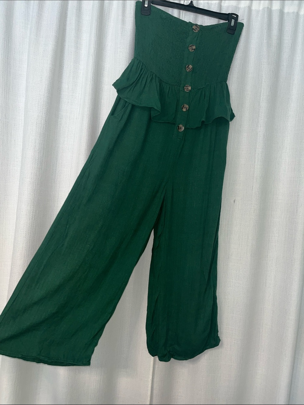Strapless Peplum Wide-Leg Jumpsuit in Emerald Green
